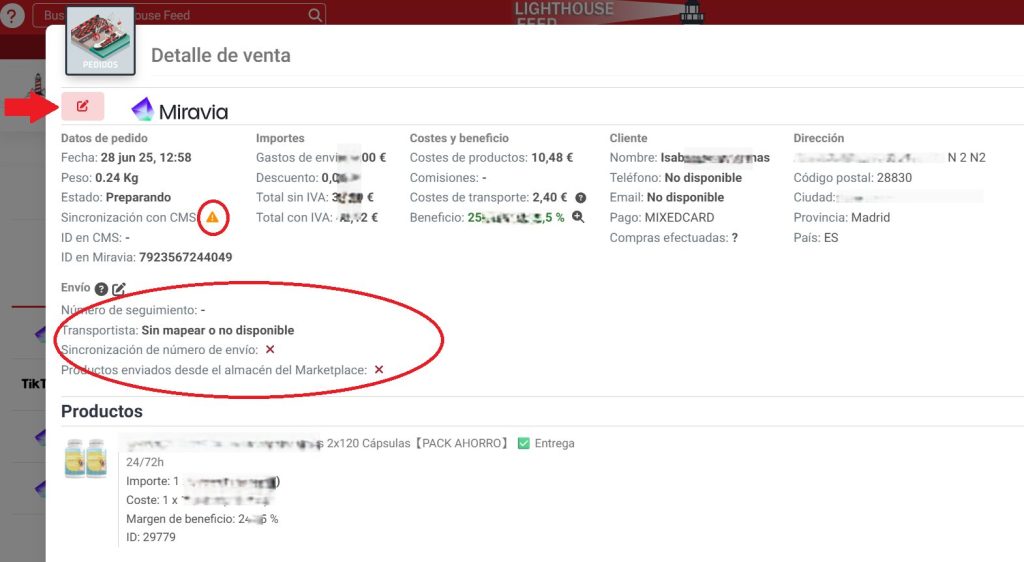 feed catalogo producto pedidos fallos gestion