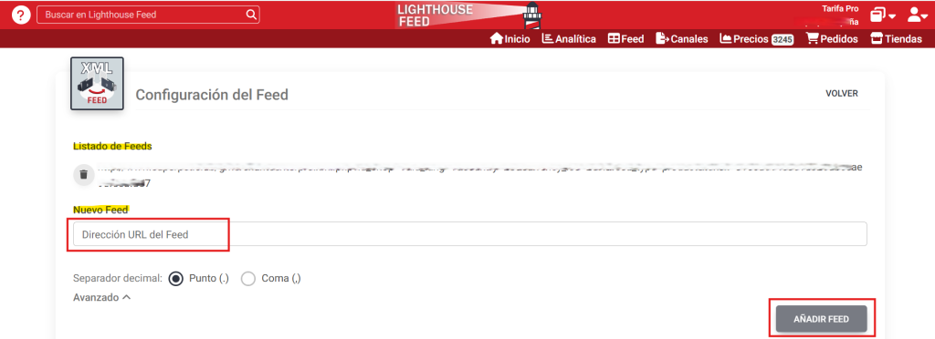 Añadir un nuevo feed dentro de Lighthouse Feed