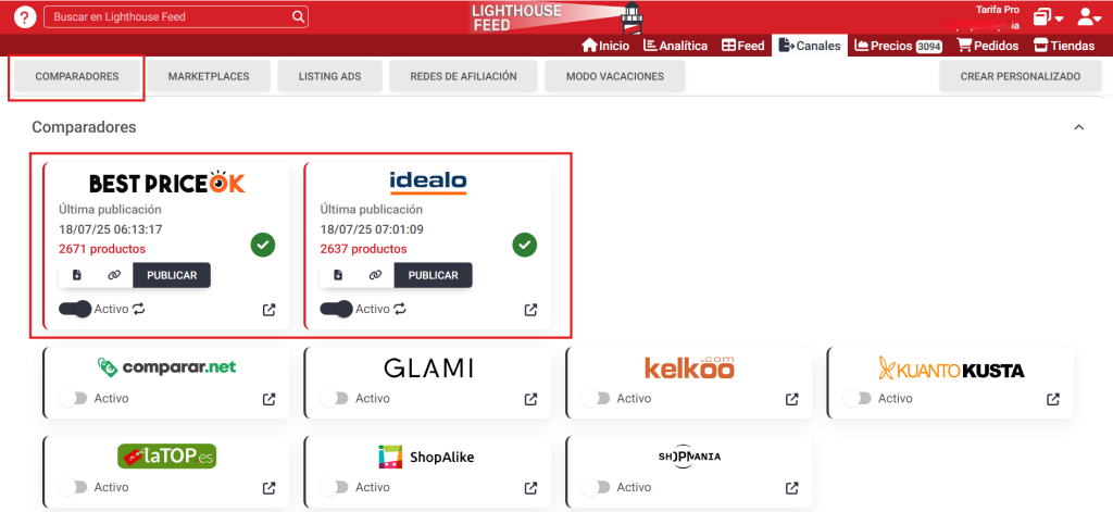 Activar comparadores en Lighthouse Feed