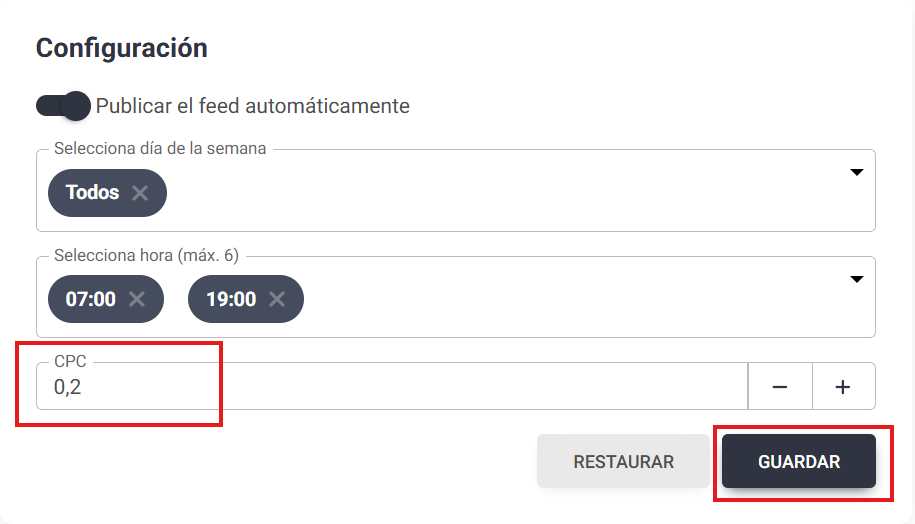 Configurar el CPC (Coste por Click) en un comparador dentro de Lighthouse Feed