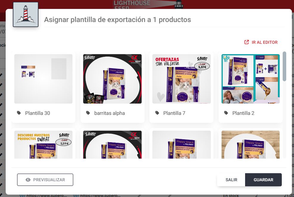 Asignación de plantillas dentro del feed en Lighthouse Feed