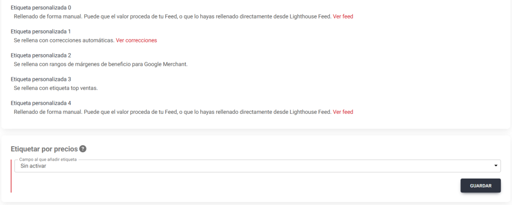 Etiquetas por precios en Lighthouse Feed