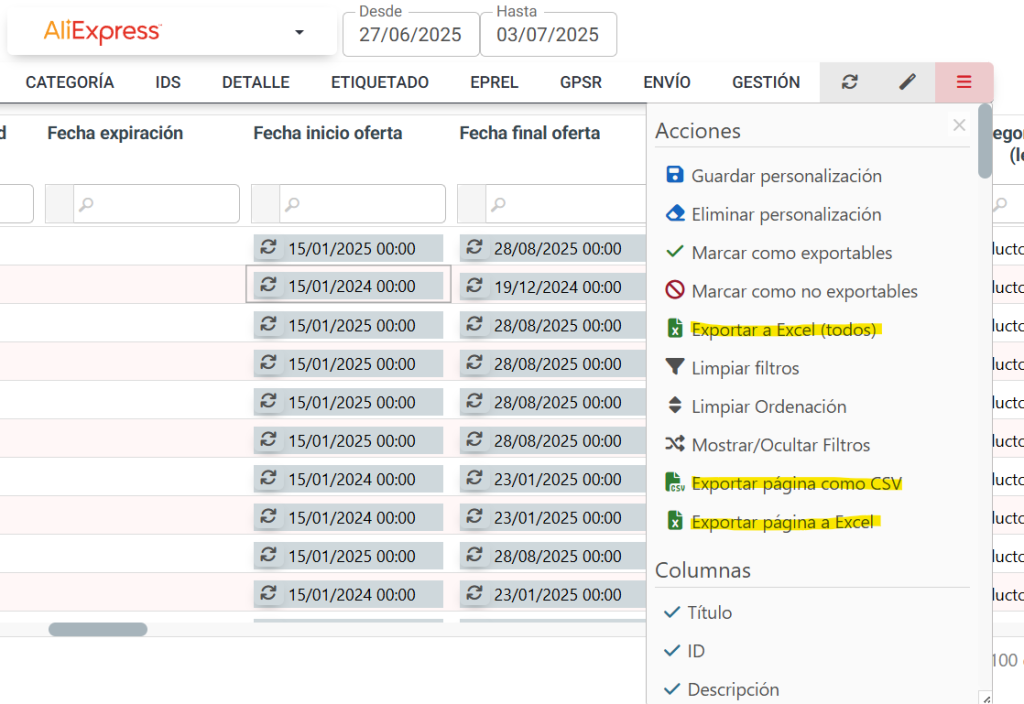 Exportar datos del feed a excel o CSV en Lighthouse Feed