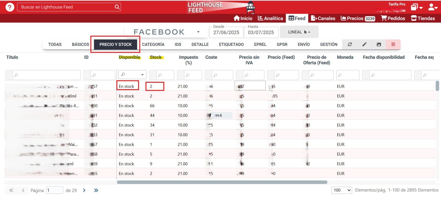 Saber stock concreto de cada producto en la tabla del feed de Lighthouse Feed