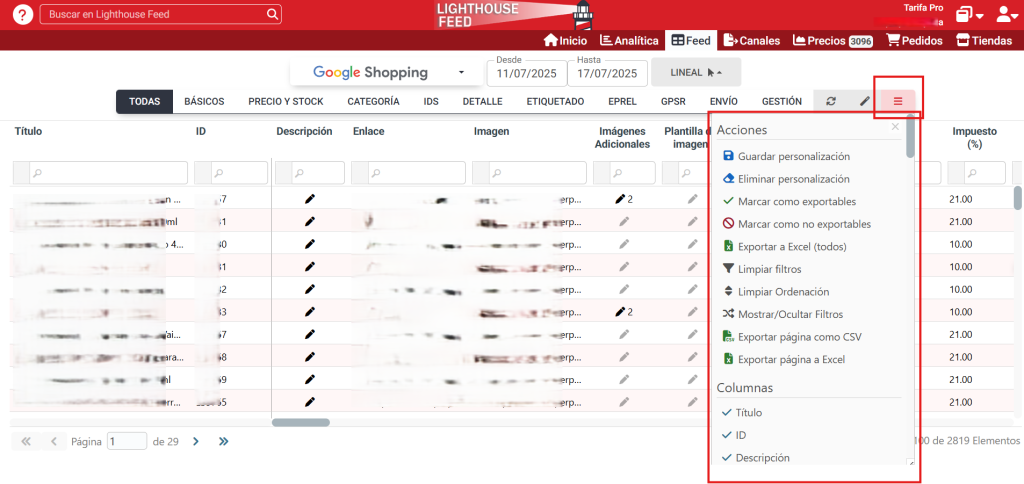 Menú desplegable del feed en Lighthouse Feed