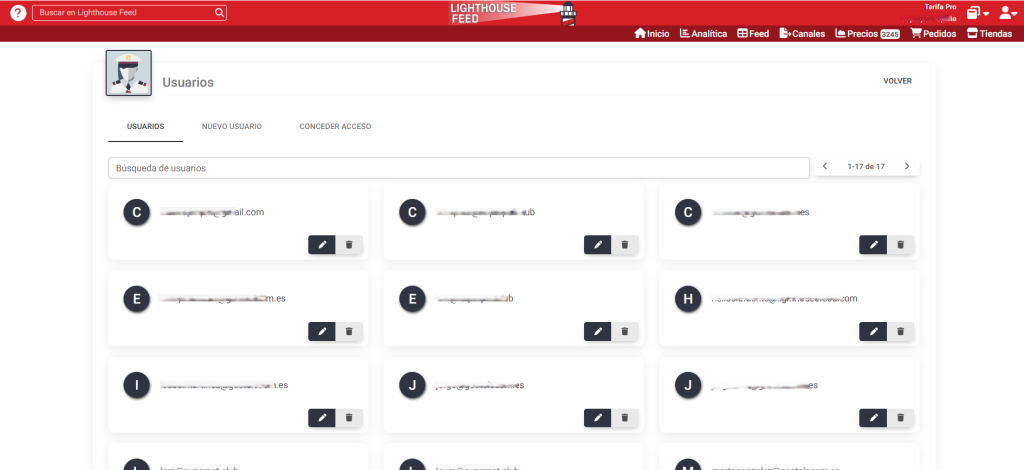 Gestión de los usuarios de mi tienda en Lighthouse Feed
