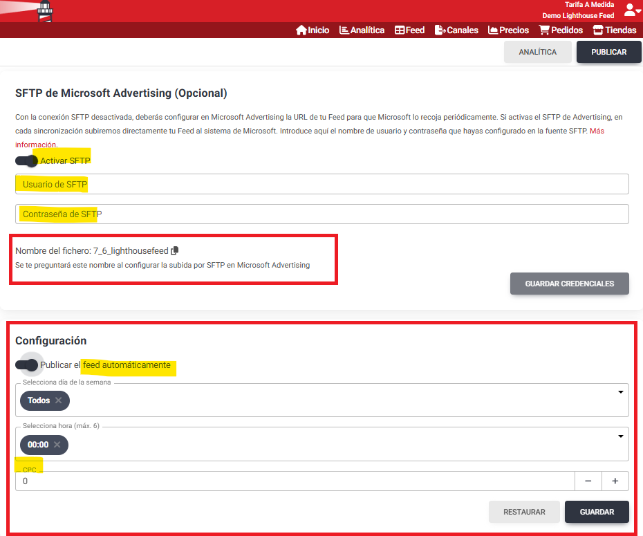 Configuracion bing product listing csincronizacion light house feed