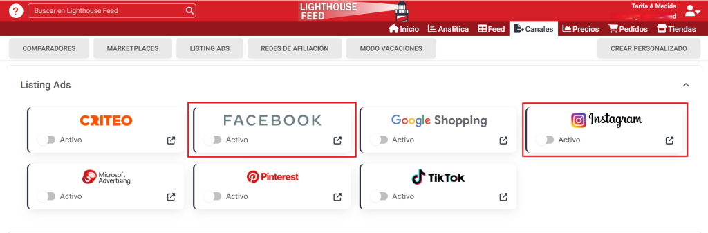 Activa los canales de Facebook e Instagram en la herramienta de Lighthouse Feed