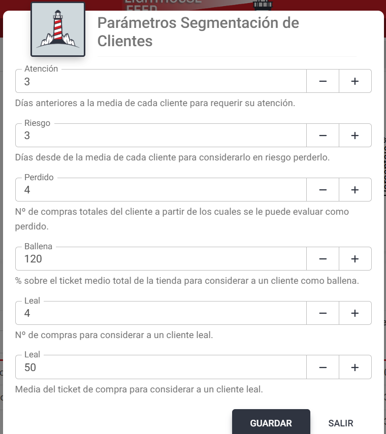 Parámetros de segmentación de clientes en Lighthouse Feed