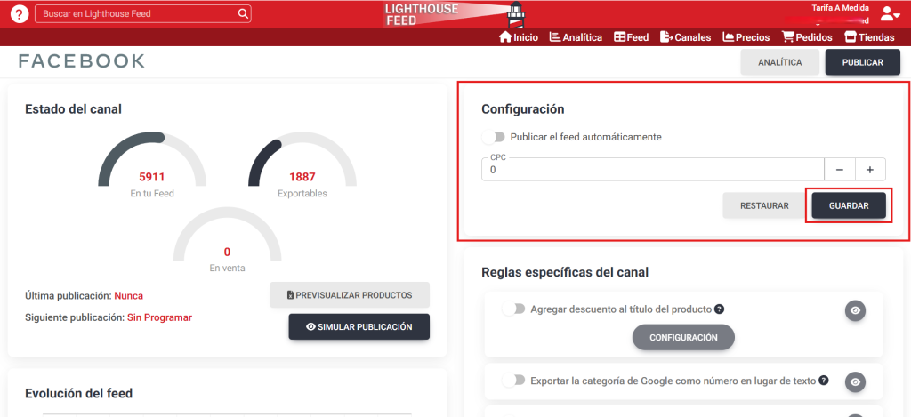 Establecer el CPC para uno de los canales de Meta en Lighthouse Feed