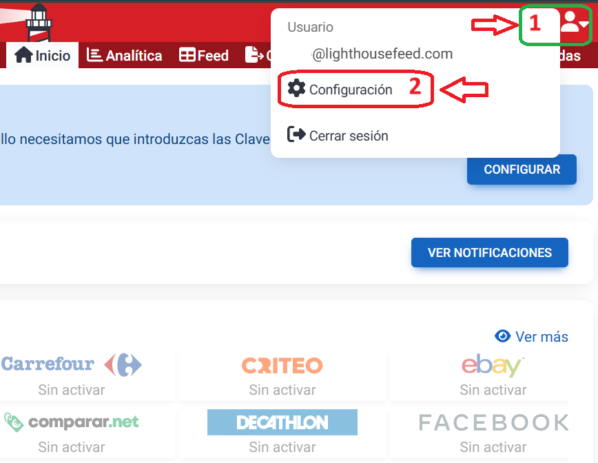 menu configuraciones historial feed ecommerce
