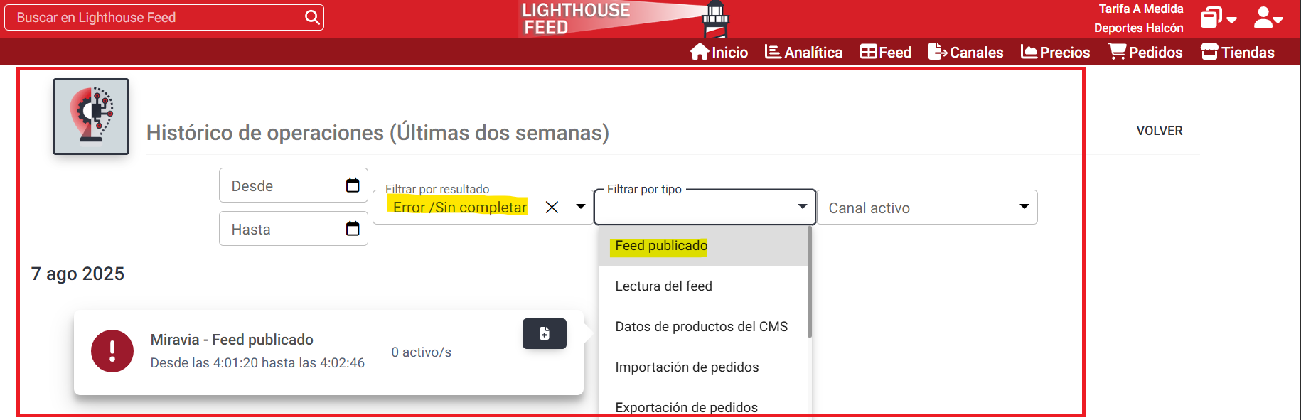 Error del feed al exportar Desde Lighthouse feed