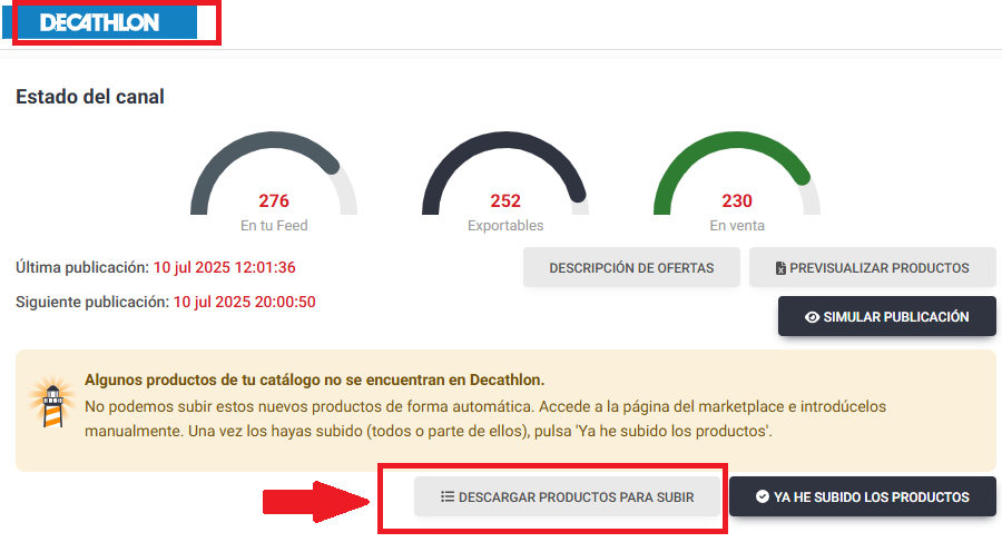 subida de productos decathlon mirkl