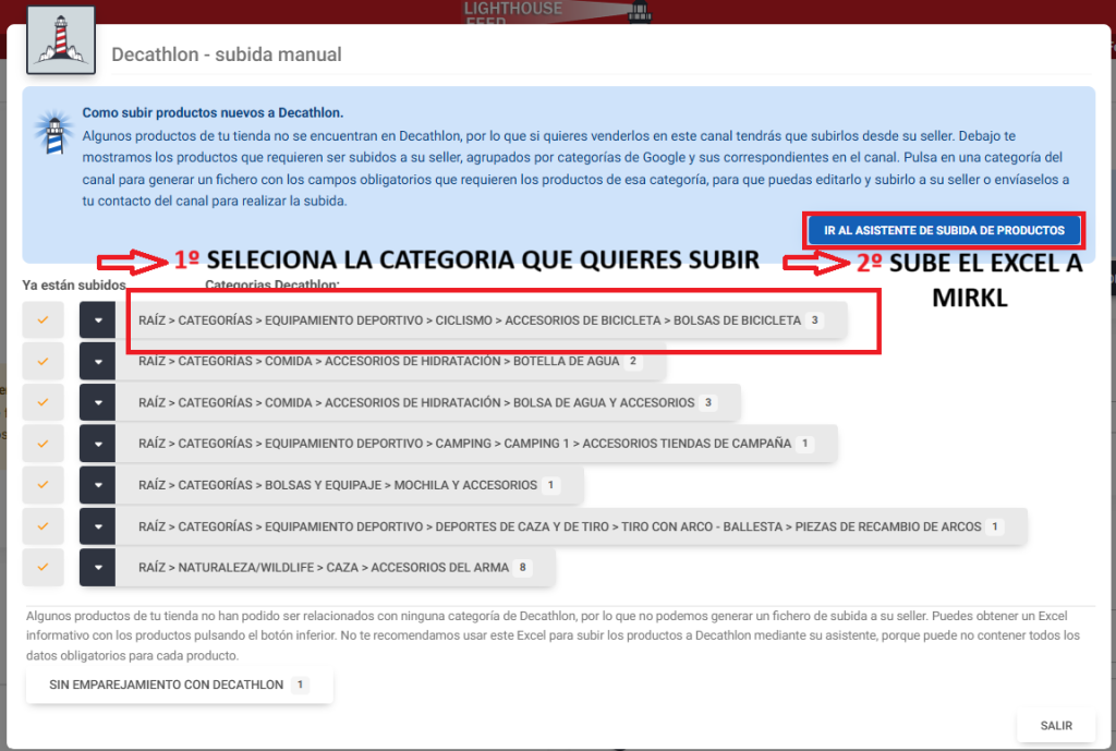 subida de productos a mirakl desde lighthousefeed