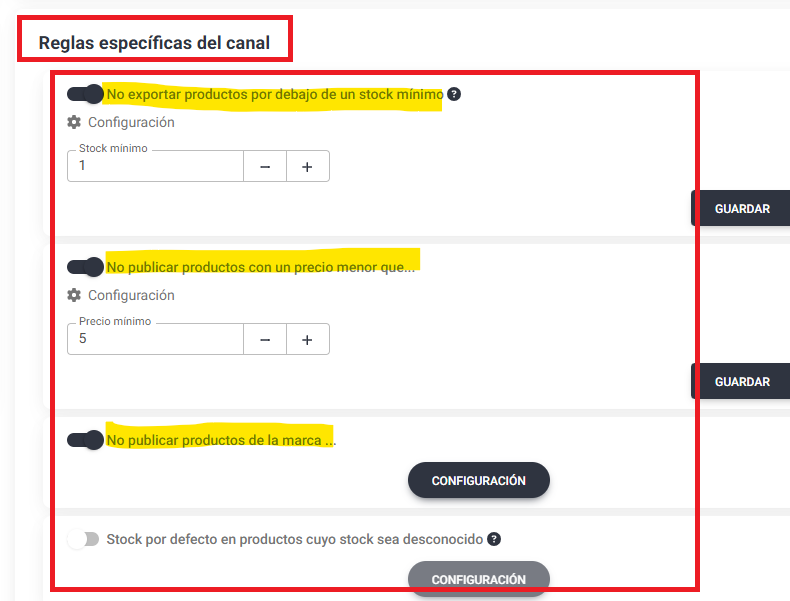 reglas especificas por marketplace