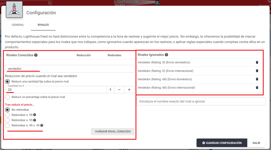 Rastreo precios documentacion feed catalogo ecommerce ignorar rivales configuracion rastreo