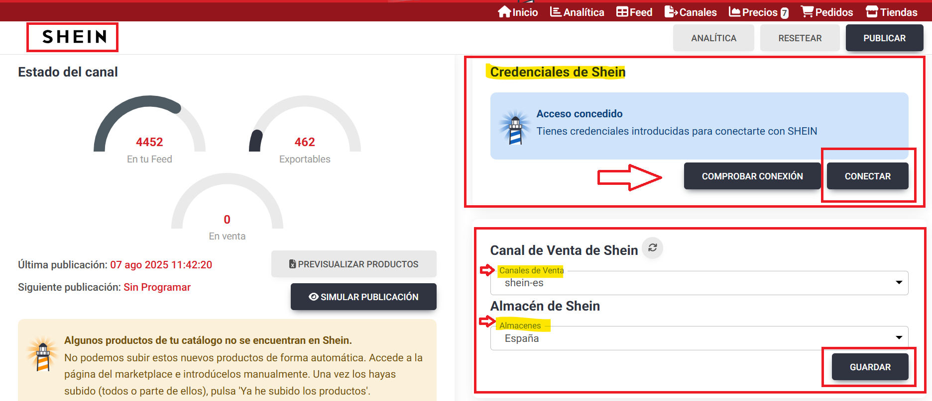 Sincronización de shein con lighthouse marketplace feed