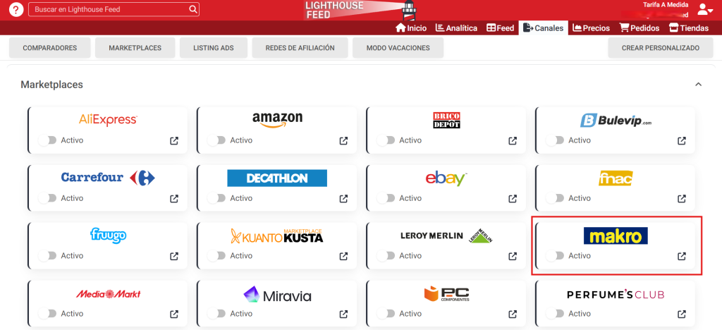 Activa el canal de Makro en la herramienta de Lighthouse Feed