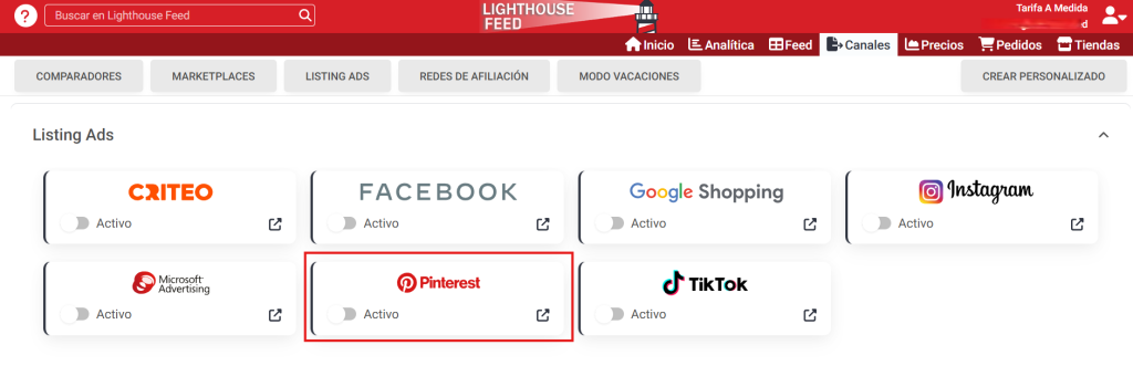 Activa el canal de Pinterest a través de Lighthouse Feed