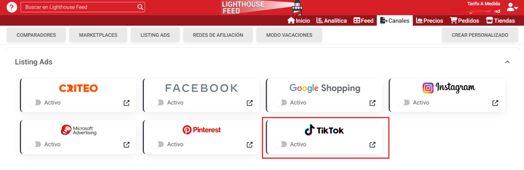 Activa el canal de TikTok con Lighthouse Feed
