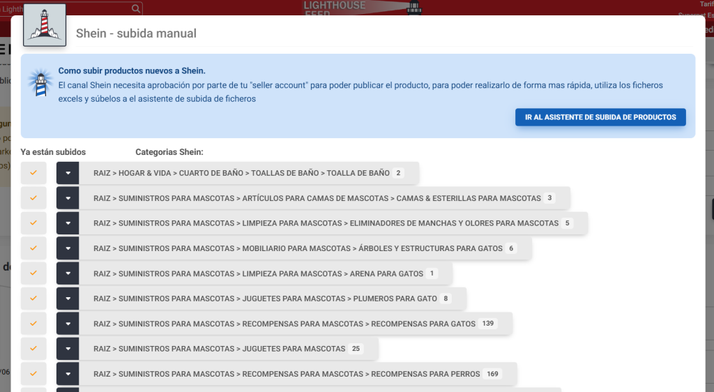 Descargar archivos excel con los productos que faltan por subir al canal en Lighthouse Feed