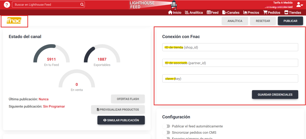 Conexión de tu tienda en Fnac con Lighthouse Feed