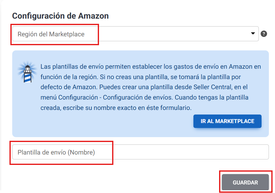 Configuración región y plantilla de envío para Amazon en Lighthouse Feed
