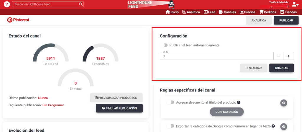 Establecer un CPC para el canal de Pinterest en Lighthouse Feed