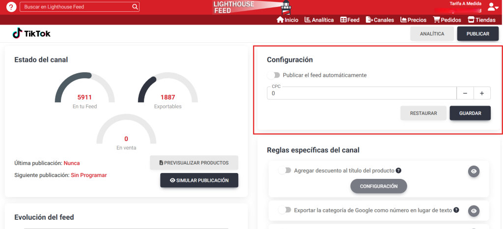 Establece el CPC para el PLA de TikTok con Lighthouse Feed