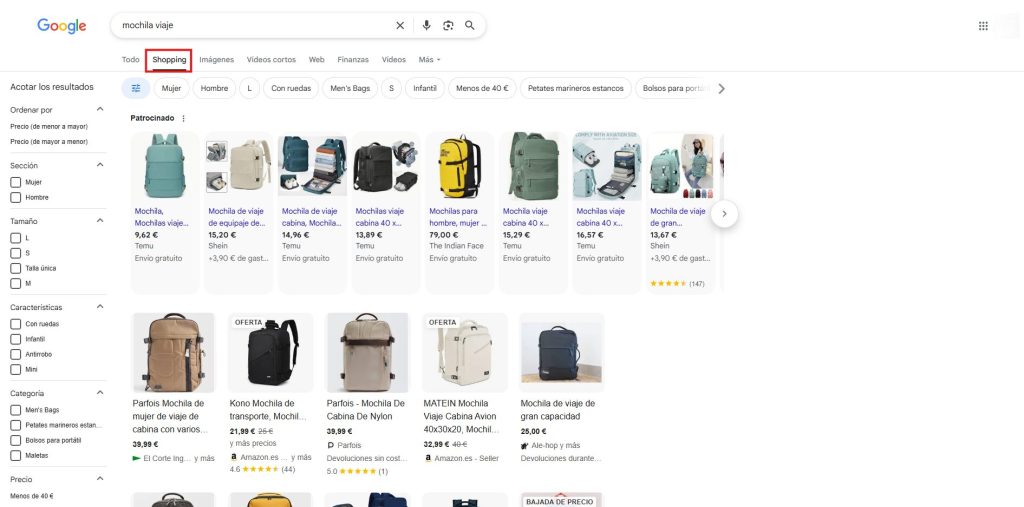 Página principal de Google Shopping