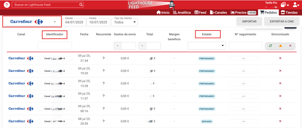 Gestión de pedidos de Carrefour en Lighthouse Feed