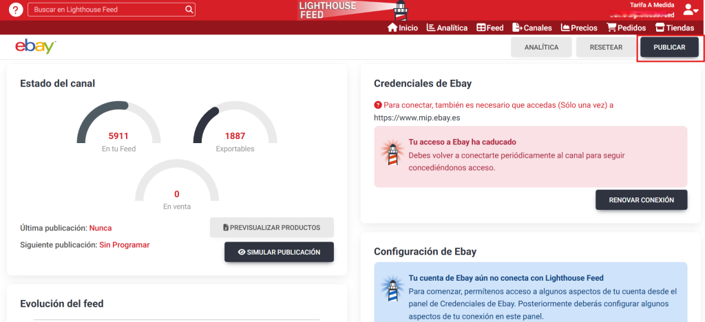 Publica tu feed de Ebay en Lighthouse Feed