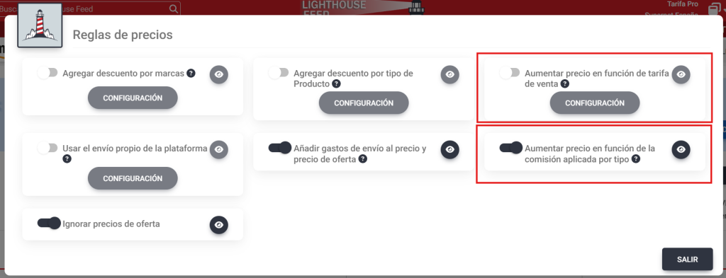 Reglas de precios para Amazon en Lighthouse Feed