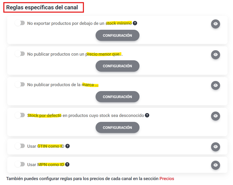 Establecer reglas específicas para el canal de Ebay en Lighthouse Feed